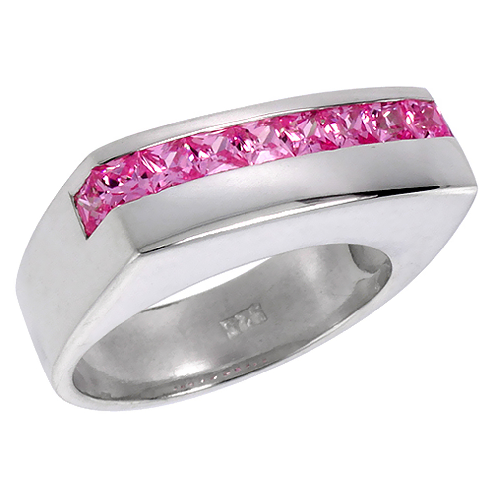 Sterling Silver Pink Tourmaline Cubic Zirconia Ring Princess Cut Channel Set, sizes 6 - 10