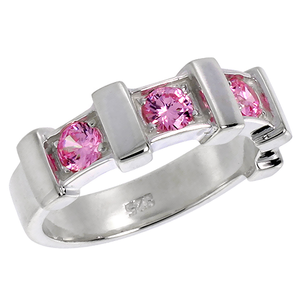 STERLING SILVER PINK TOURMALINE CUBIC ZIRCONIA RING FOR WOMEN 4-STONE SIZES 6 - 10