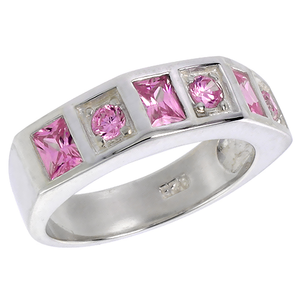 Sterling Silver Pink Tourmaline CZ Ring Round &amp; Emerald Cut, sizes 6 - 10