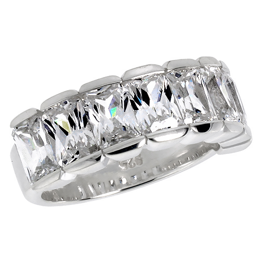 Sterling Silver Cubic Zirconia Wedding Band Emerald Cut 5/16 inch, sizes 6 - 10