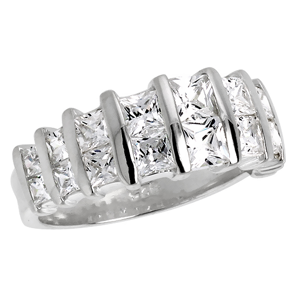 STERLING SILVER CUBIC ZIRCONIA WEDDING BAND PRINCESS CUT 3/8 INCH SIZES 6 - 10