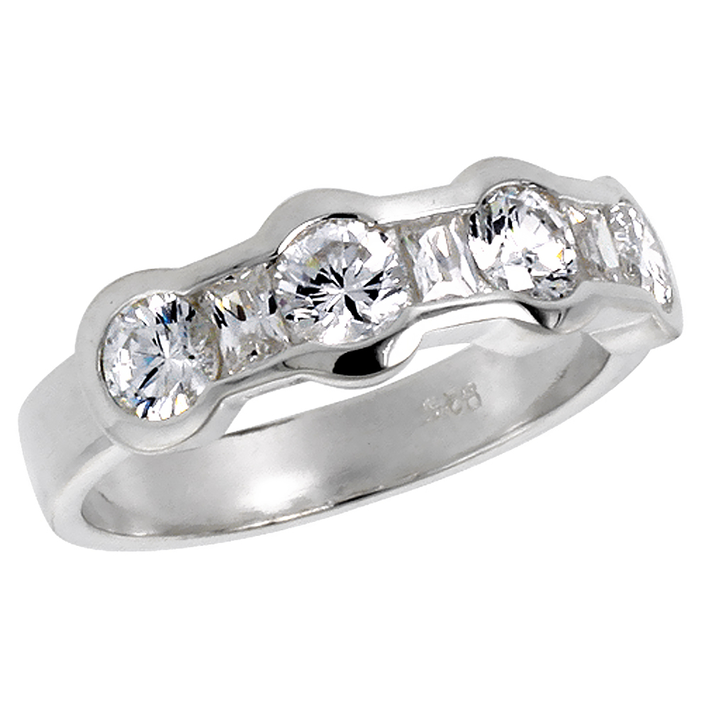 Sterling Silver Cubic Zirconia Wedding Band Bezel Set Brilliant Cut 1/4 inch, sizes 6 - 10