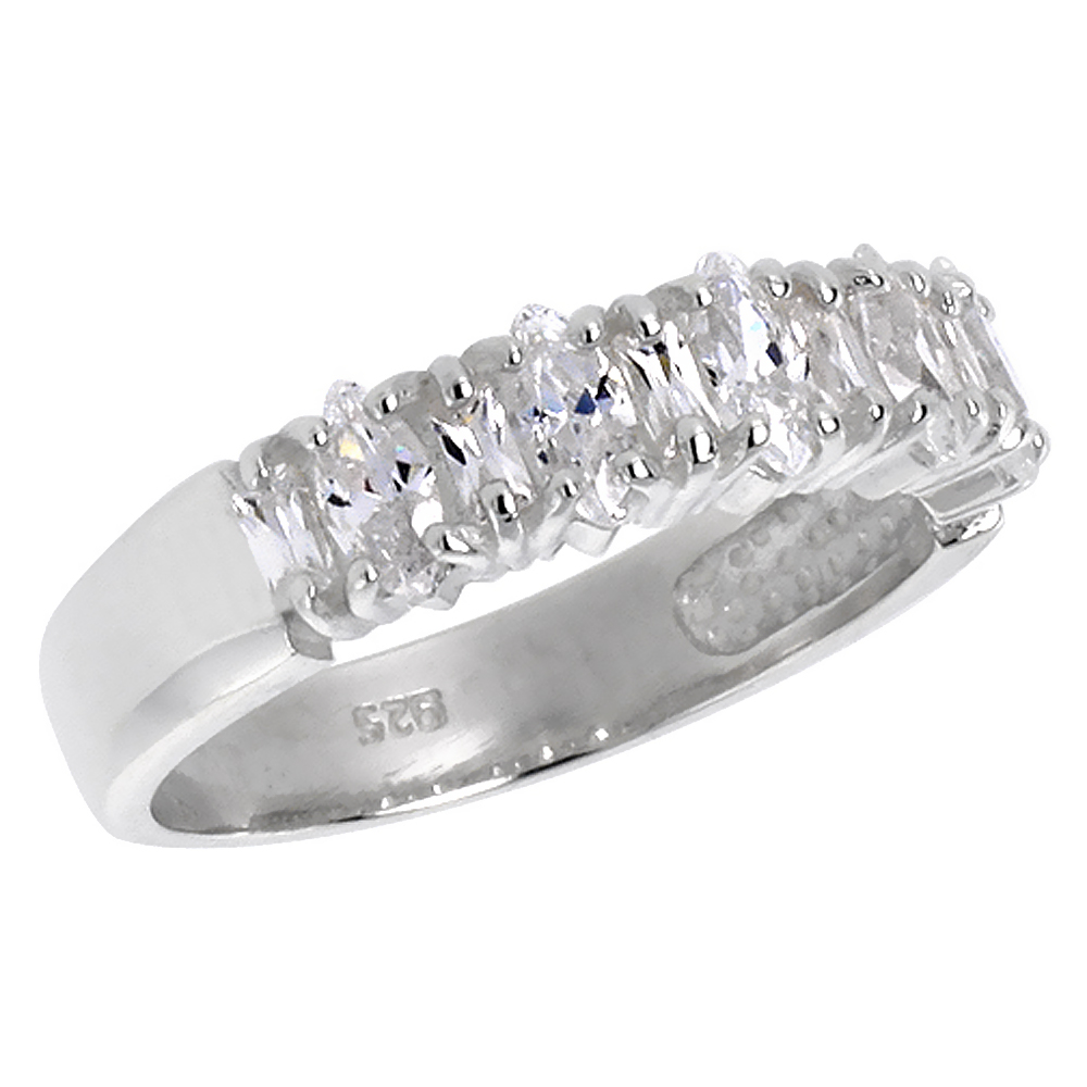 Sterling Silver Cubic Zirconia Wedding Band Marquise Cut 3/16 inch, sizes 6 - 10