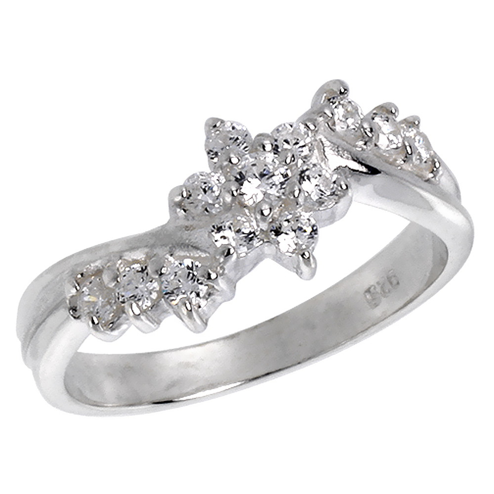 STERLING SILVER LADIES FLORAL WEDDING BAND BRILLIANT CUT 5/16 INCH SIZES 6 - 10