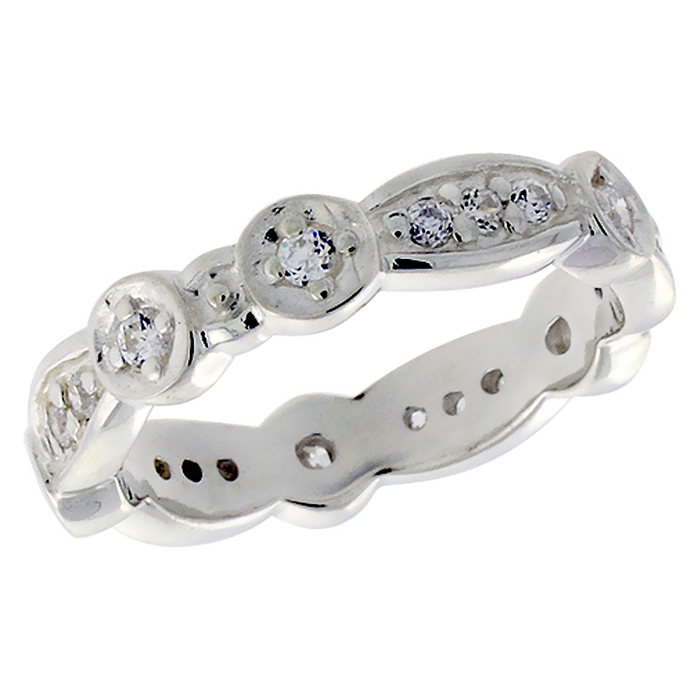 STERLING SILVER FANCY OVAL LINKS LADIES BAND BRILLIANT CUT 3/16 INCH SIZES 6 - 10