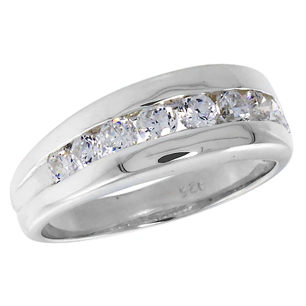 Sterling Silver Cubic Zirconia Wedding Band Channel Set Brilliant Cut 1/4 inch, sizes 6 - 10