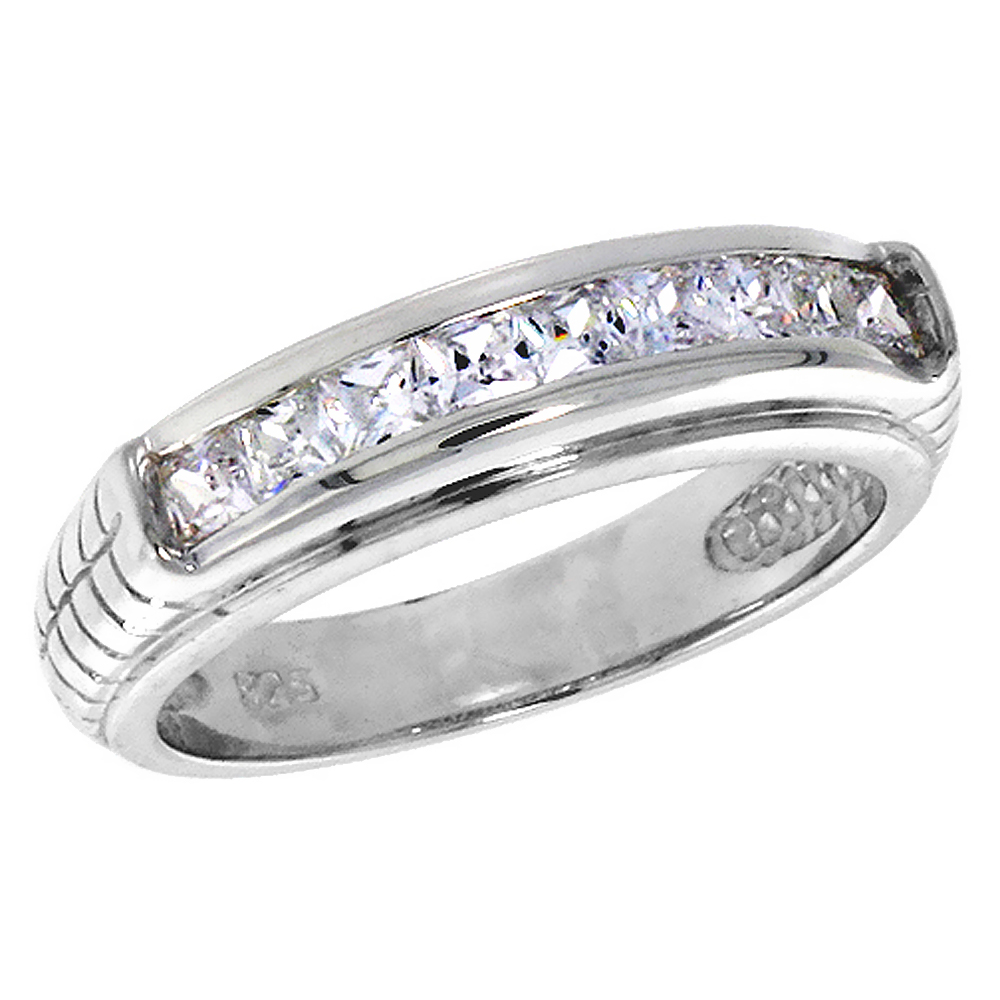 Sterling Silver Cubic Zirconia Wedding Band Brilliant Cut 1/4 inch, sizes 6 - 10