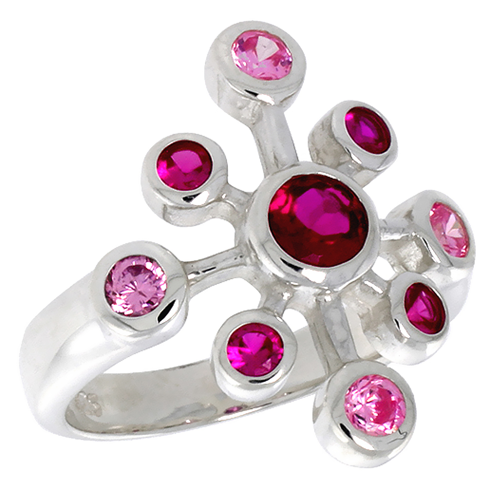 Sterling Silver Snowflake Right-hand Ring Ruby & Pink Tourmaline-Color7/8 inch wide 7/8 inch, sizes 6 to 10