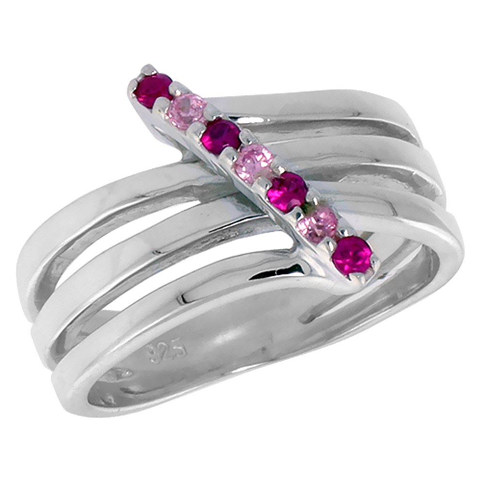 STERLING SILVER PINK AND RED CZ RIGHT HAND OPEN BYPASS RING FOR WOMEN 1/2 INCH FLAWLESS POLISHED FINISH SIZES 6 - 10