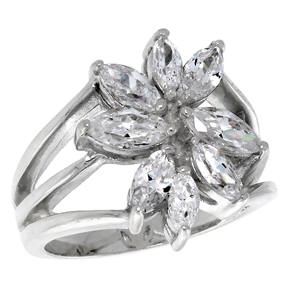 STERLING SILVER MARQUISE CZ FLOWER RING FOR WOMEN SPLIT SHANK 3/4 INCH FLAWLESS POLISHED FINISH SIZES 6 - 10