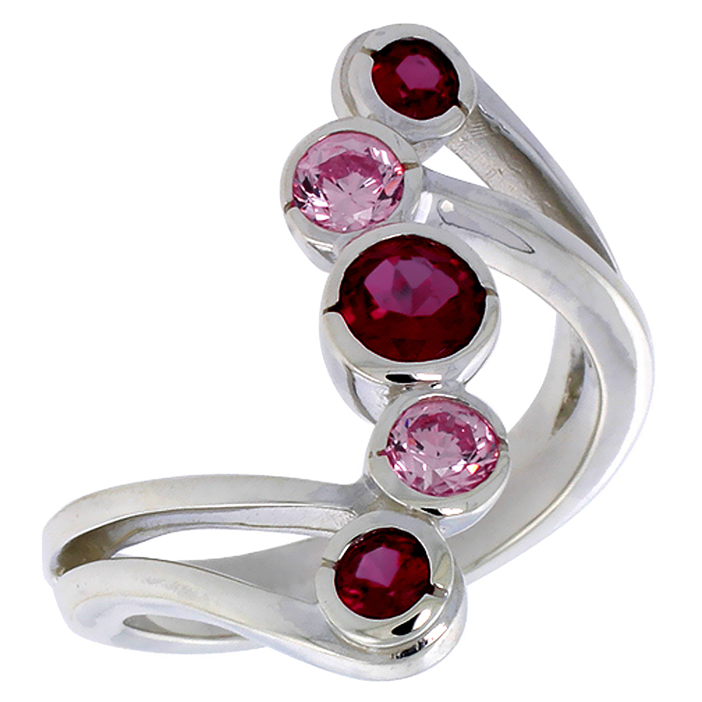 STERLING SILVER SPLIT SHANK PINK AND RED CZ JOURNEY RING FOR WOMEN 1 INCH FLAWLESS POLISHED FINISH SIZES 6 - 10
