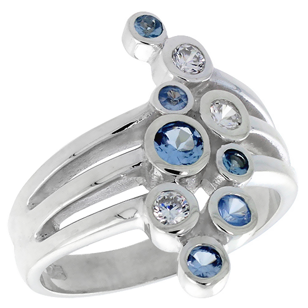 STERLING SILVER WHITE AND BLUE TOPAZ CZ BUBBLES RING FOR WOMEN 3/4 INCH FLAWLESS POLISHED FINISH SIZES 6 - 10