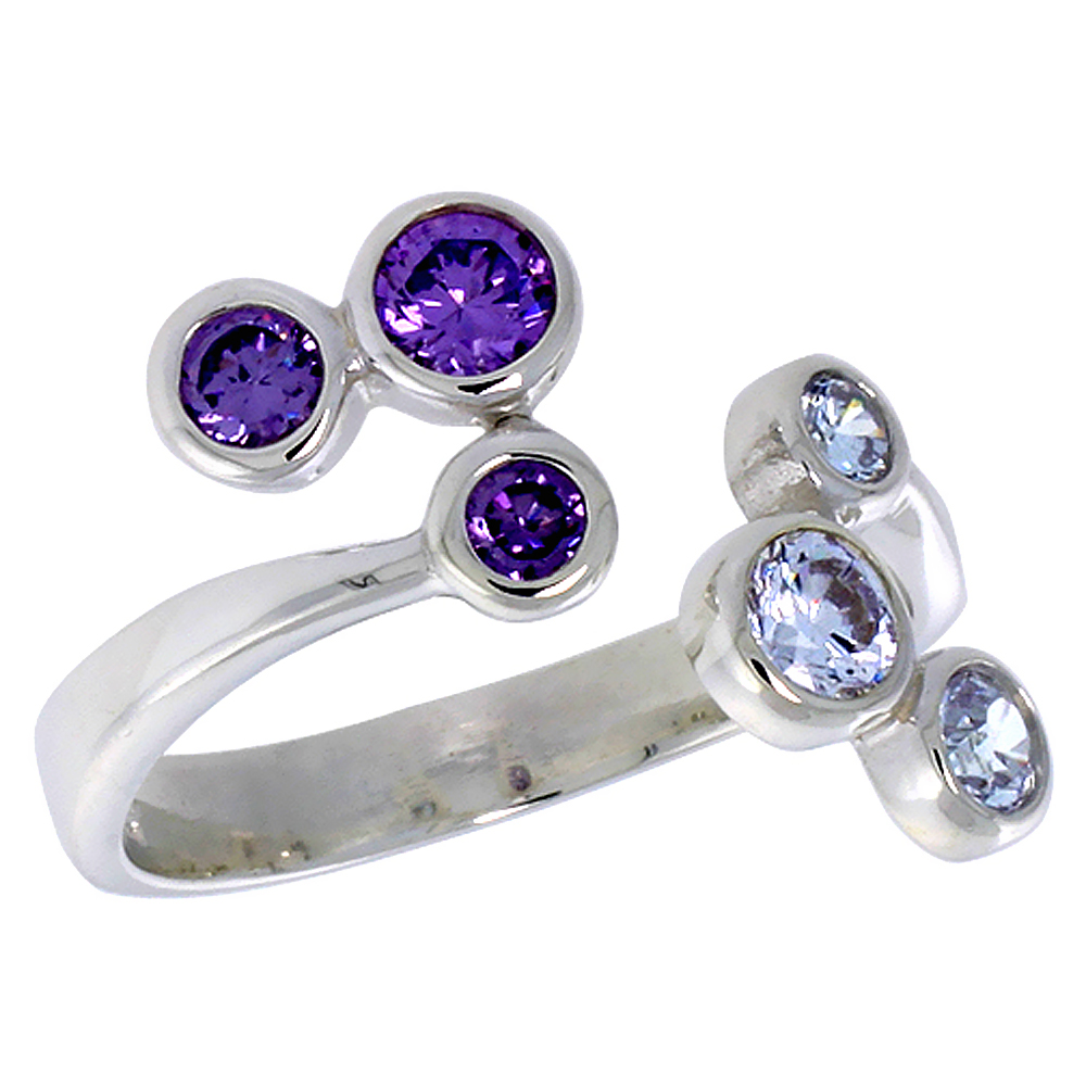 STERLING SILVER AMETHYST PURPLE BLUE TOPAC CZ OPEN 6 STONE RING FOR WOMEN 5/8 INCH FLAWLESS POLISHED FINISH SIZES 6 - 10