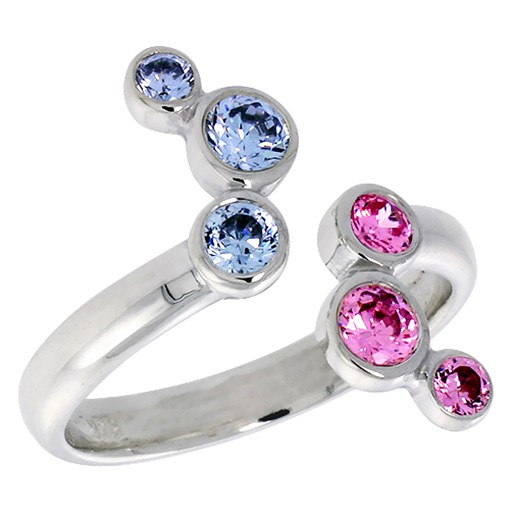 STERLING SILVER PINK AND BLUE TOPAZ CZ OPEN 6 STONE RING FOR WOMEN 5/8 INCH FLAWLESS POLISHED FINISH SIZES 6 - 10