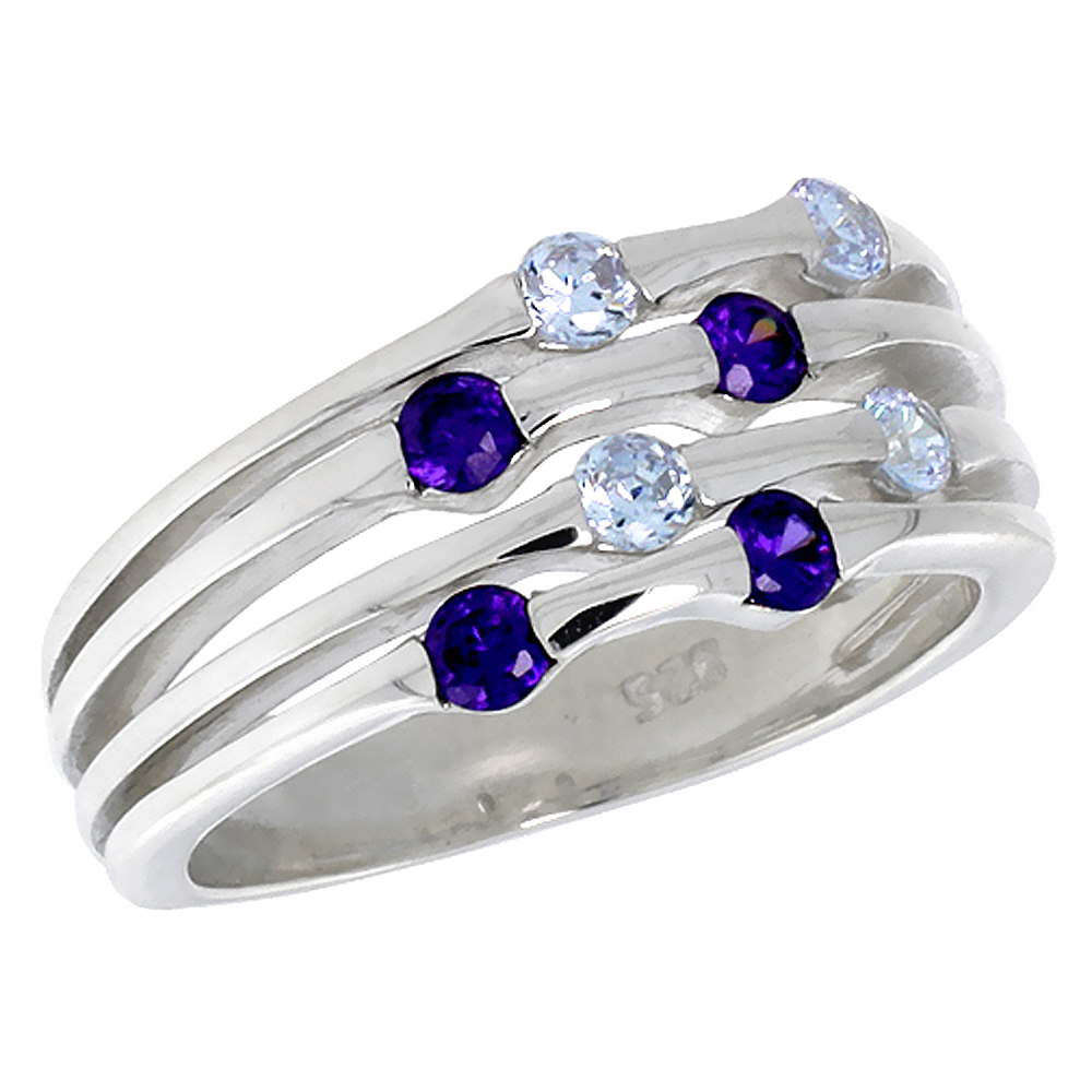 STERLING SILVER PURPLE AND BLUE TOPAZ CZ OPEN 4 BAND RING FOR WOMEN CHANNEL SET 3/8 INCH FLAWLESS POLISHED FINISH SIZES 6 - 10