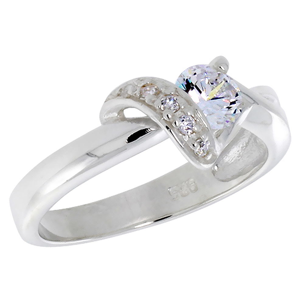 STERLING SILVER CZ RIBBON RING FOR WOMEN 0.5 CARAT CENTER 5/16 INCH FLAWLESS POLISHED FINISH SIZES 6 - 10