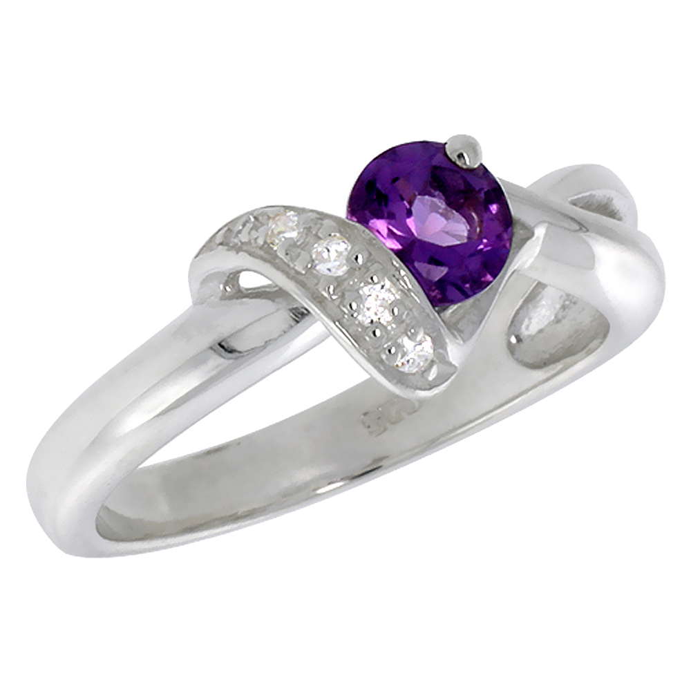 STERLING SILVER PURPLE CZ RIBBON RING FOR WOMEN 0.5 CARAT CENTER 5/16 INCH FLAWLESS POLISHED FINISH SIZES 6 - 10