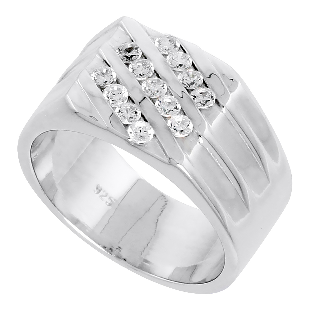 MENS STERLING SILVER CUBIC ZIRCONIA SQUARE RING 3 ROW DIAGINAL CHANNEL SET FLAWLESS POLISHED FINISH SIZES 8 TO 13