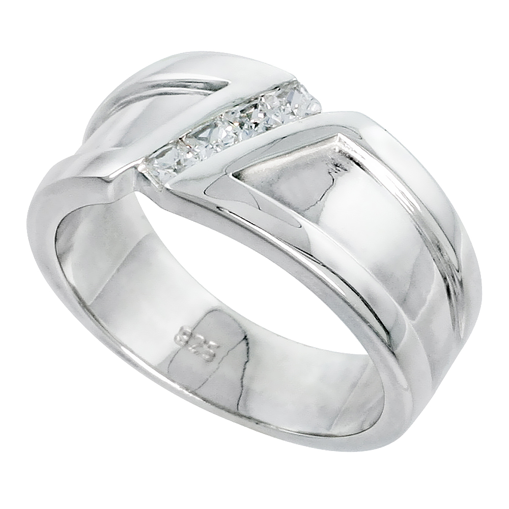 MENS STERLING SILVER CUBIC ZIRCONIA DIGONAL RING PRINCESS CUT CHANNEL SET FLAWLESS POLISHED FINISH SIZES 8 TO 13