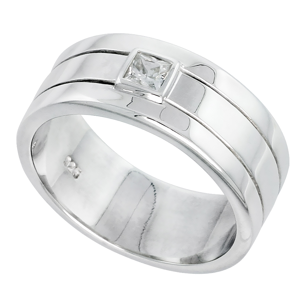 Mens Sterling Silver Cubic Zirconia Ring Brilliant Cut, sizes 8 to 13