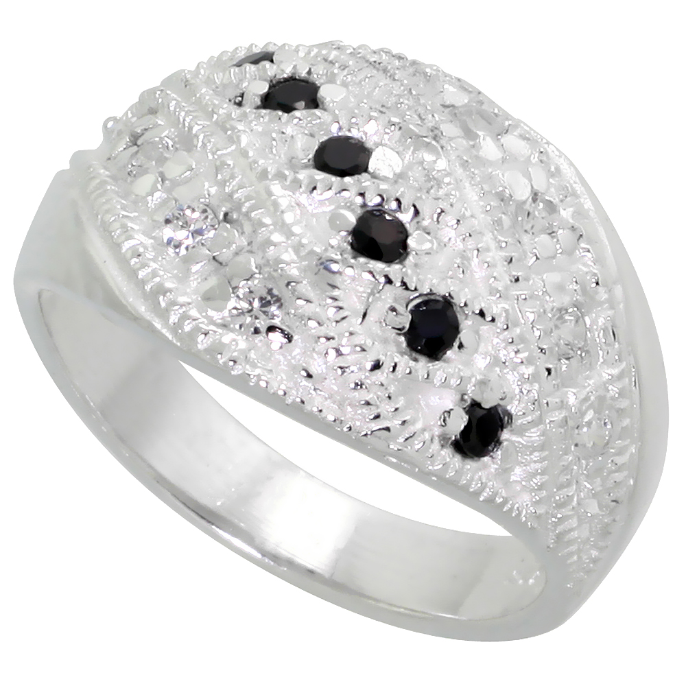 Sterling Silver Cubic Zirconia Dome Ring, Black & White sizes 6 - 10, 1/2 inch wide