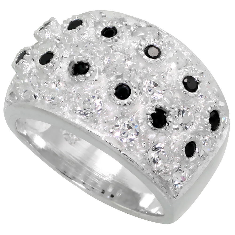 Sterling Silver Cubic Zirconia Dome Ring, Black &amp; White sizes 6 - 10, 1/2 inch wide