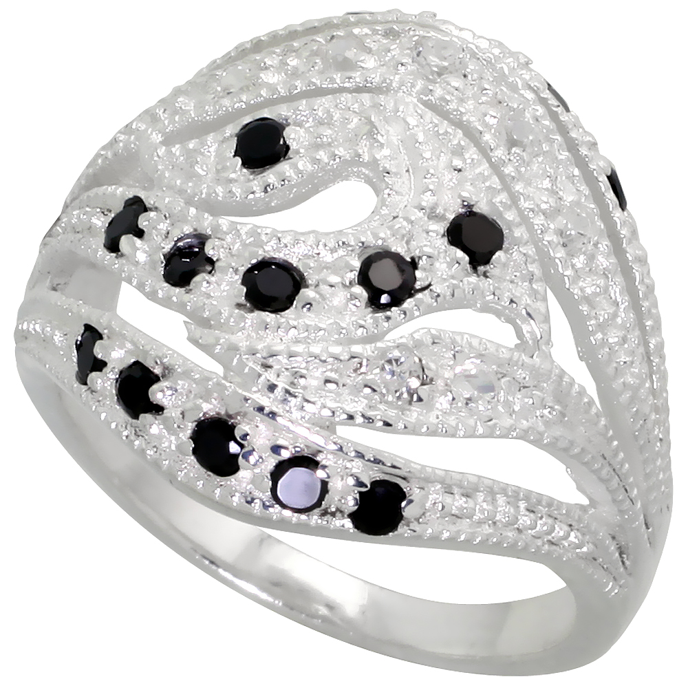 Sterling Silver Cubic Zirconia Freeform Ring, Black &amp; White sizes 6 - 10, 3/4 inch wide