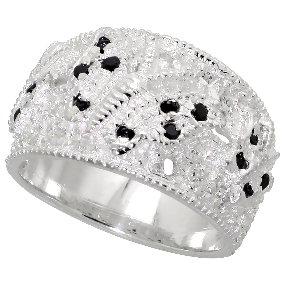 STERLING SILVER BLACK AND WHITE CZ CZ BUTTERFLY DOME BAND RING WOMEN FLAWLESS FINISH SIZES 6 - 10 1/2 INCH WIDE
