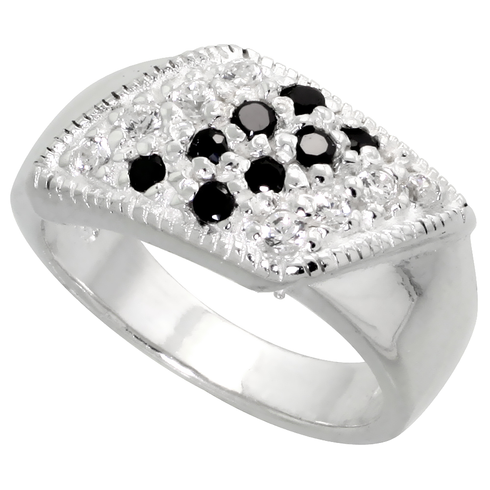Sterling Silver Cubic Zirconia Rhombus Ring, Black & White sizes 6 - 10, 3/8 inch wide