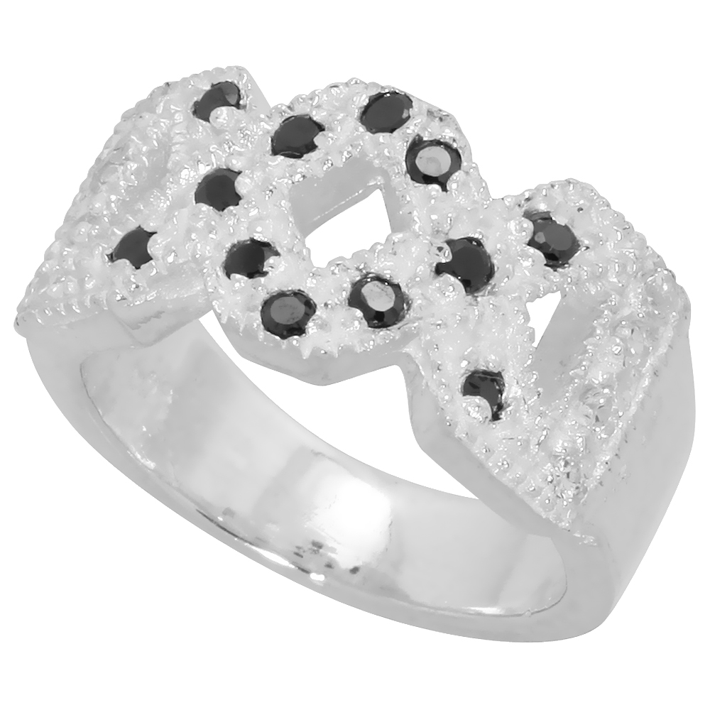 Sterling Silver Cubic Zirconia Double X Crisscross Ring, Black & White sizes 6 - 10, 3/8 inch wide