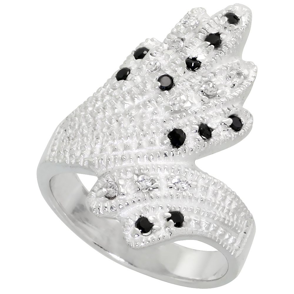 Sterling Silver Cubic Zirconia Fan-shaped Ring, Black & White sizes 6 - 10, 1 inch wide
