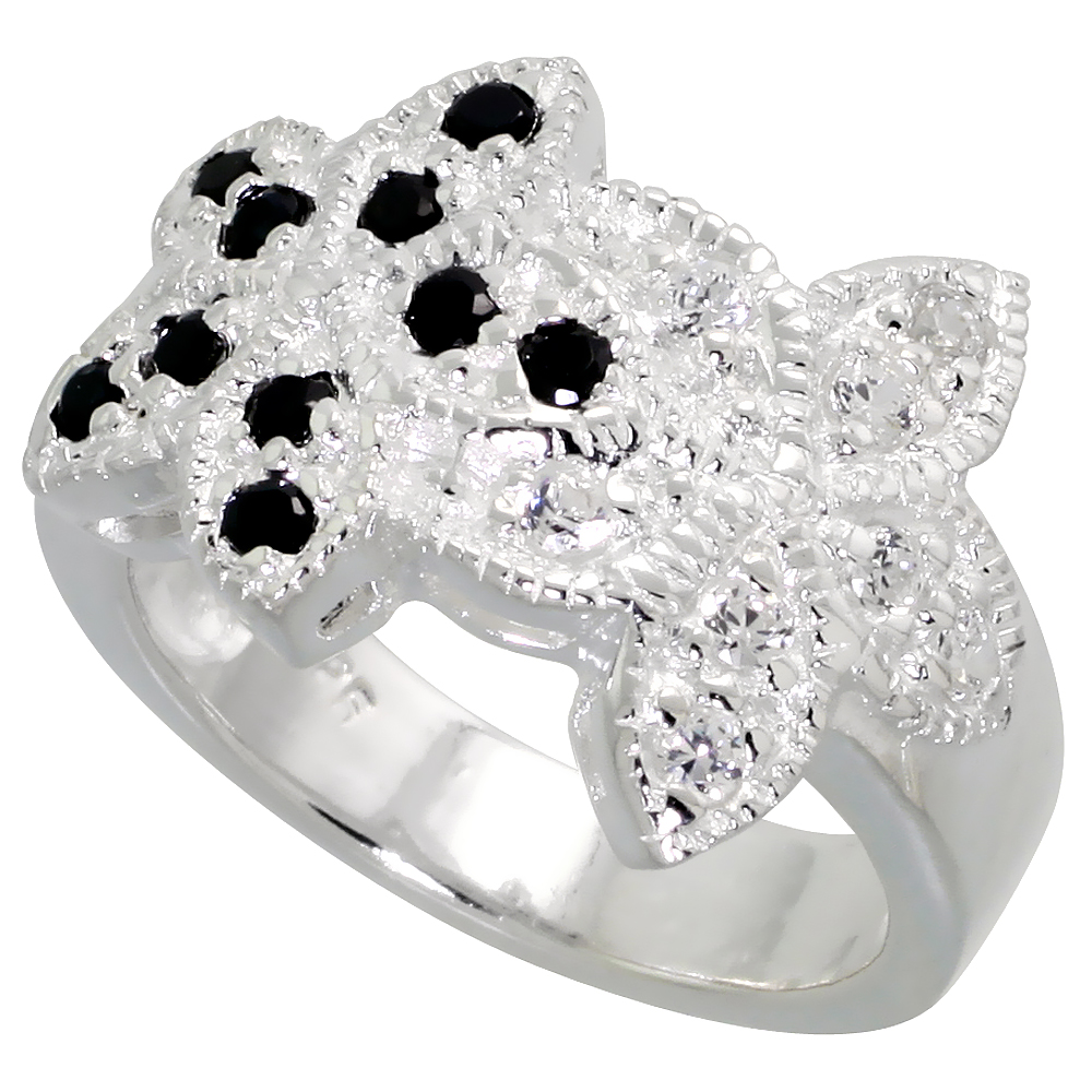 Sterling Silver Cubic Zirconia Double Flower Ring, Black &amp; White sizes 6 - 10, 1/2 inch wide