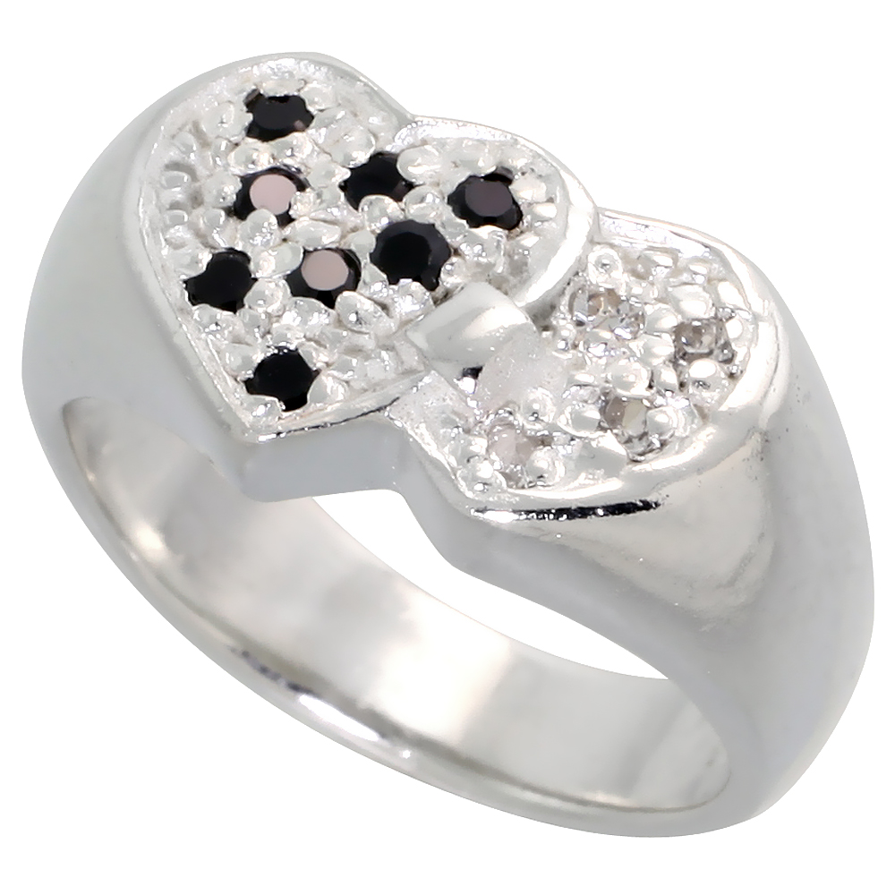 Sterling Silver Cubic Zirconia Interlacing Hearts Ring, Black &amp; White sizes 6 - 10, 3/8 inch wide