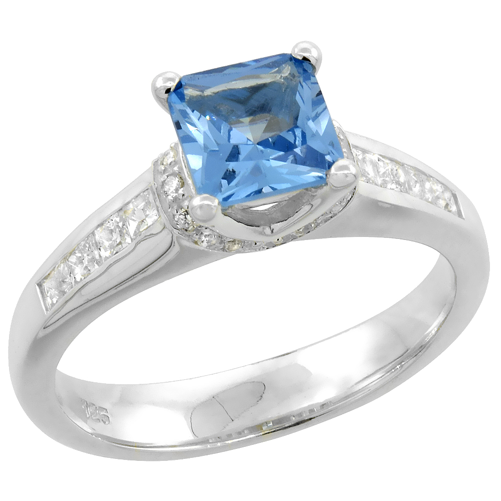 STERLING SILVER CUBIC ZIRCONIA BLUE TOPAZ PRINCESS CUT RING WOMEN 1/4 INCH WIDE FLAWLESS POLISHED FINISH SIZES 6 - 9