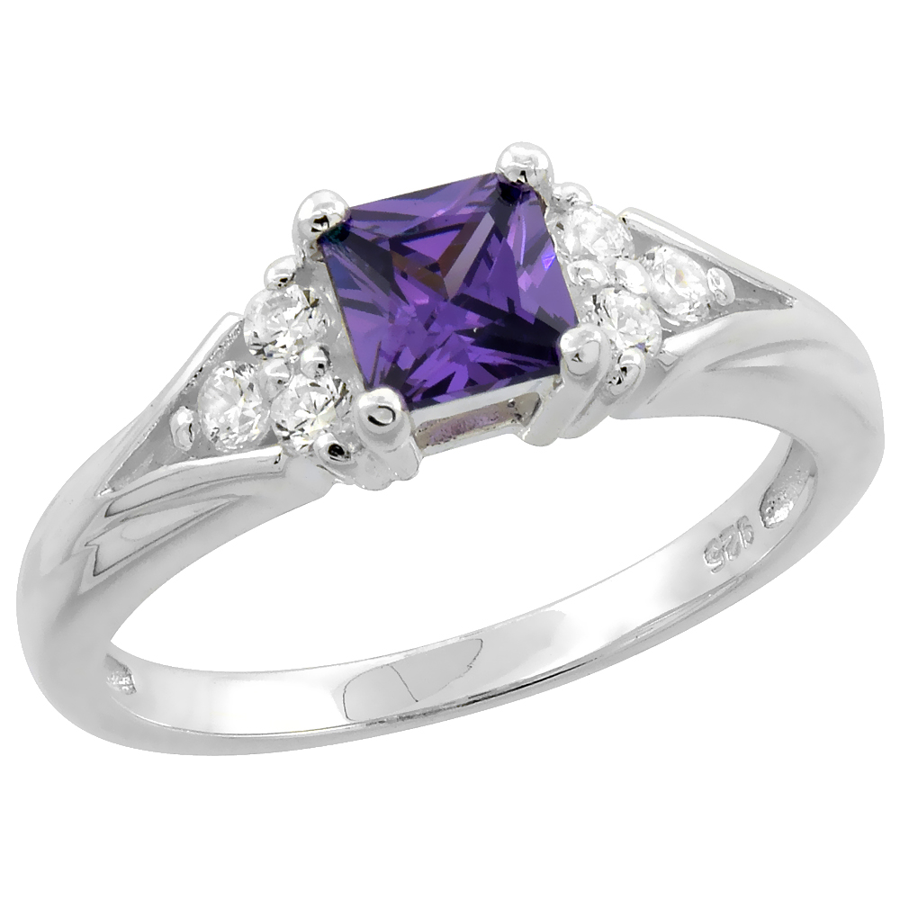 STERLING SILVER CUBIC ZIRCONIA PRINCESS CUT AMETHYST RING WOMEN 1/4 INCH WIDE FLAWLESS POLISHED FINISH SIZES 6 - 9