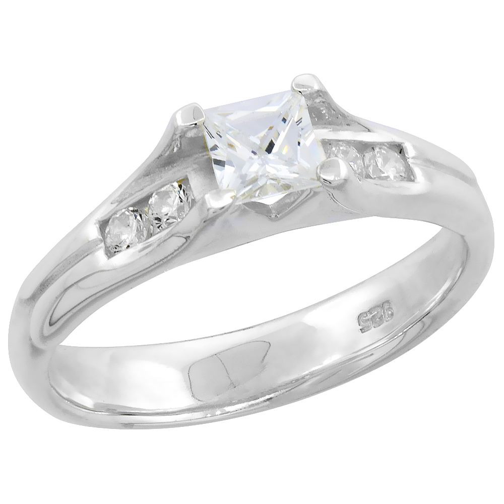 STERLING SILVER CUBIC ZIRCONIA PRINCESS CUT RING WOMEN 5/32 INCH WIDE FLAWLESS POLISHED FINISH SIZES 6 - 9