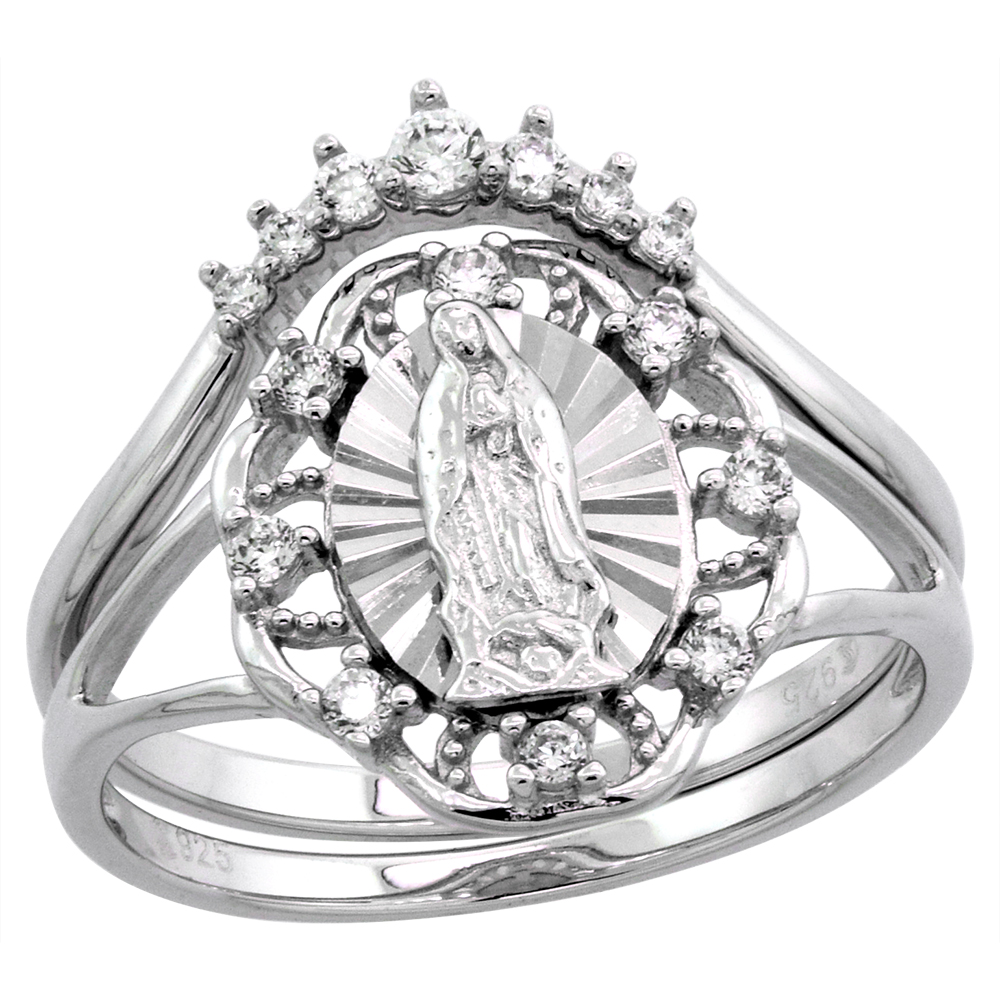 2-PIECE STERLING SILVER MICROPAVE CZ GUADALUPE RING FOR WOMEN DIAMOND CUT HALO SPLIT SHANK 5/8 INCH FLAWLESS POLISHED FINISH SIZE 6-9