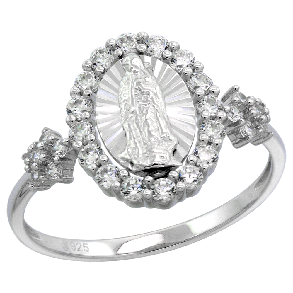 SMALL STERLING SILVER MICROPAVE CZ GUADALUPE RING FOR WOMEN STAR SIDES DIAMOND CUT HALO RHODIUM FINISH 1/2 INCH FLAWLESS POLISHED FINISH SIZE 6-9