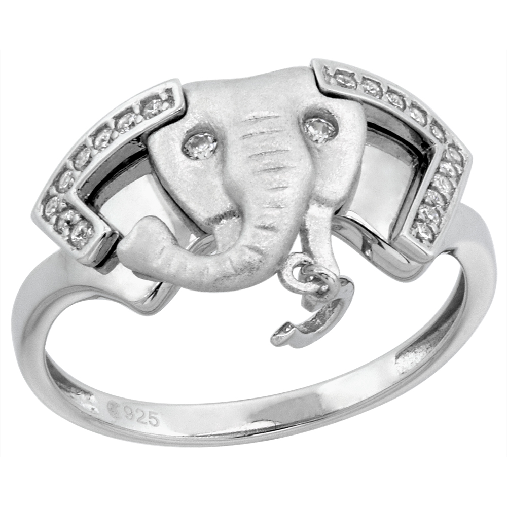 STERLING SILVER MICROPAVE CZ LUCKY ELEPHANT RING WOMEN WITH HORSESHOE NO. 7 RHODIUM FINISH 5/8 INCH SIZE 6-9