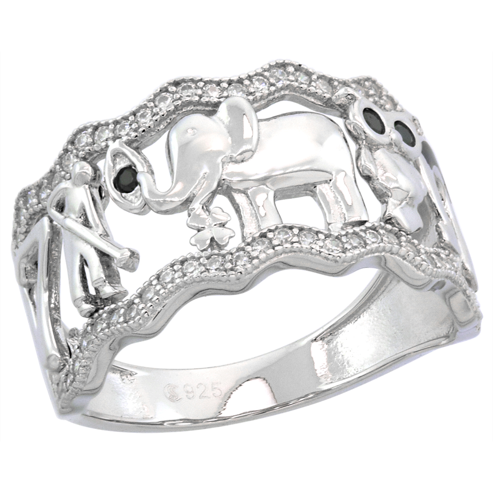 STERLING SILVER MICROPAVE BLACK CZ GOOD LUCK OWL RING FOR WOMEN WITH ELEPHANT EVIL EYE HORSESHOE SCALLOPED EDGE RHODIUM FINISH 1/2 INCH SIZE 6-9