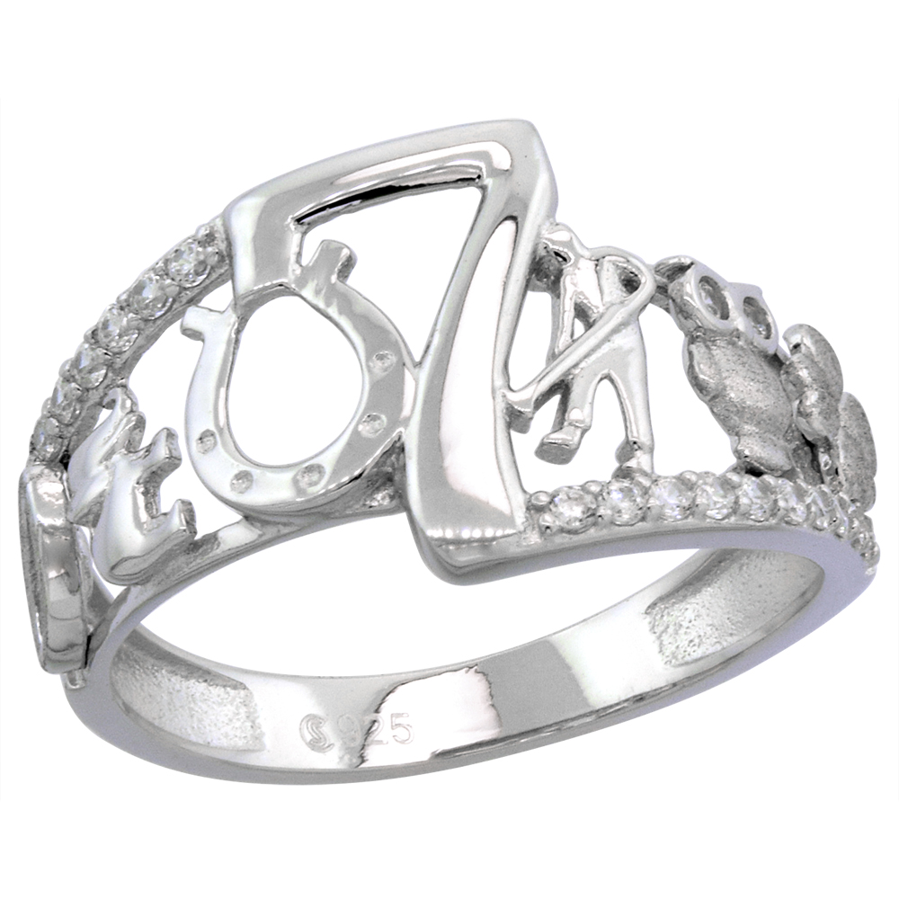 STERLING SILVER MICROPAVE CZ LUCKY 7 RING FOR WOMEN WITH GOOD LUCK CHARMS RHODIUM FINISH 1/2 INCH SIZE 6-9