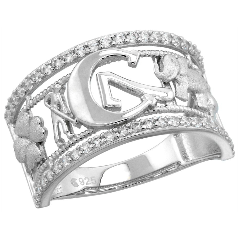 STERLING SILVER MICROPAVE CZ SIDEWAYS HORSESHOE RING FOR WOMEN WITH LUCKY CHARMS RHODIUM FINISH SIZE 6-9