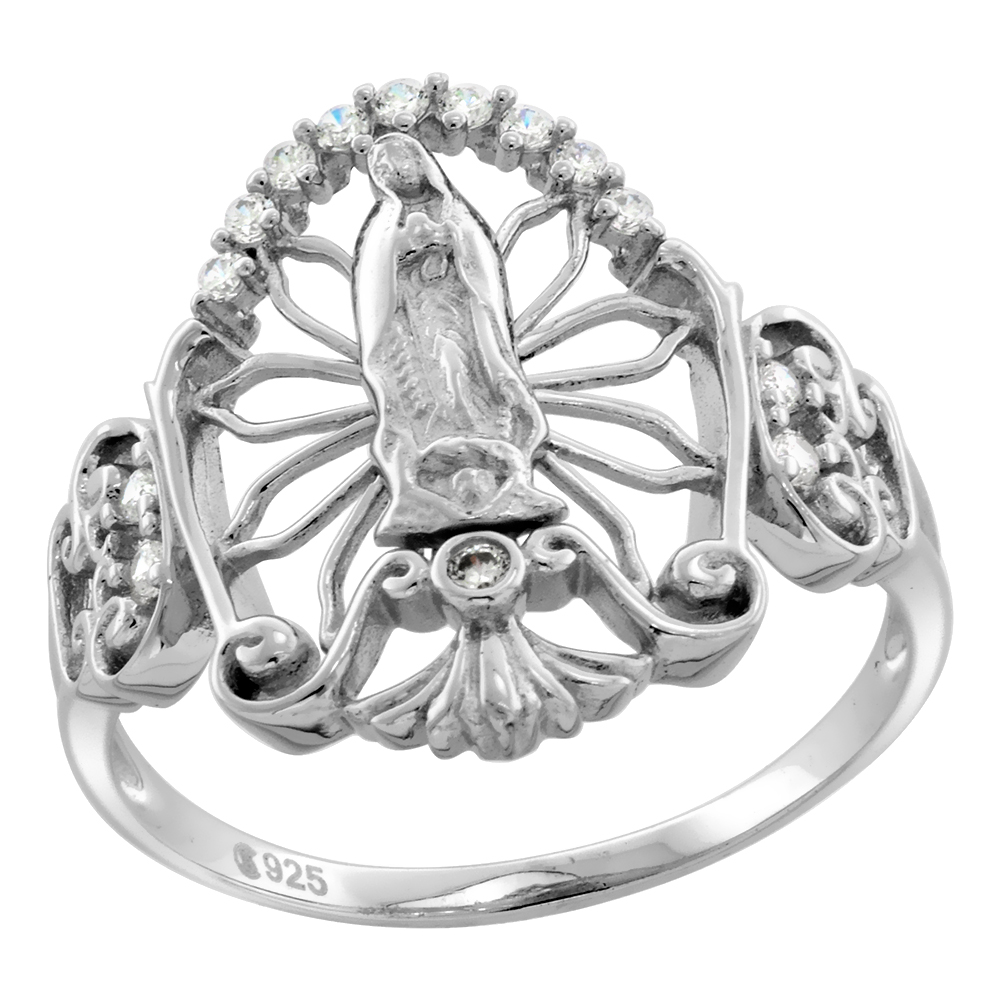 STERLING SILVER CZ FILIGREE AUREOLA OUR LADY OF GUADALUPE RING FOR WOMEN RHODIUM FINISH 3/4 INCH WIDE SIZE 6 TO 9