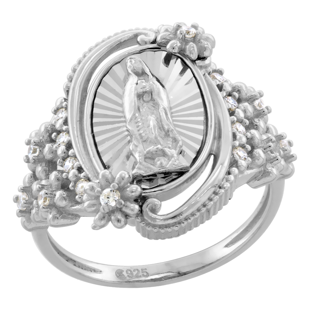 STERLING SILVER CZ SCROLL BEZEL OUR LADY OF GUADALUPE RING FOR WOMEN FLOWER SIDES DIAMOND CUT AUREOLA RHODIUM FINISH 3/4 INCH WIDE SIZES 6 TO 9