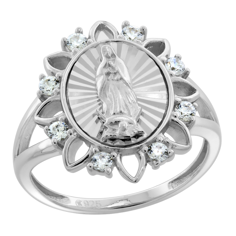 STERLING SILVER CZ SUNRAYS BEZEL OUR LADY OF GUADALUPE RING FOR WOMEN DIAMOND CUT AUREOLA SPLIT SHANK RHODIUM FINISH 3/4 INCH WIDE SIZES 6 TO 9