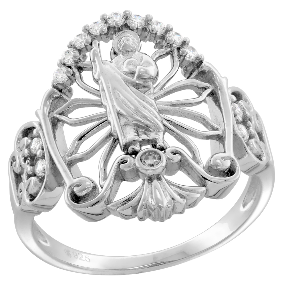 STERLING SILVER CZ FILIGREE SUNRAYS AUREOLA ST JUDE RING FOR WOMEN RHODIUM FINISH SPLIT SHANK 3/4 INCH WIDE SIZES 6 TO 9