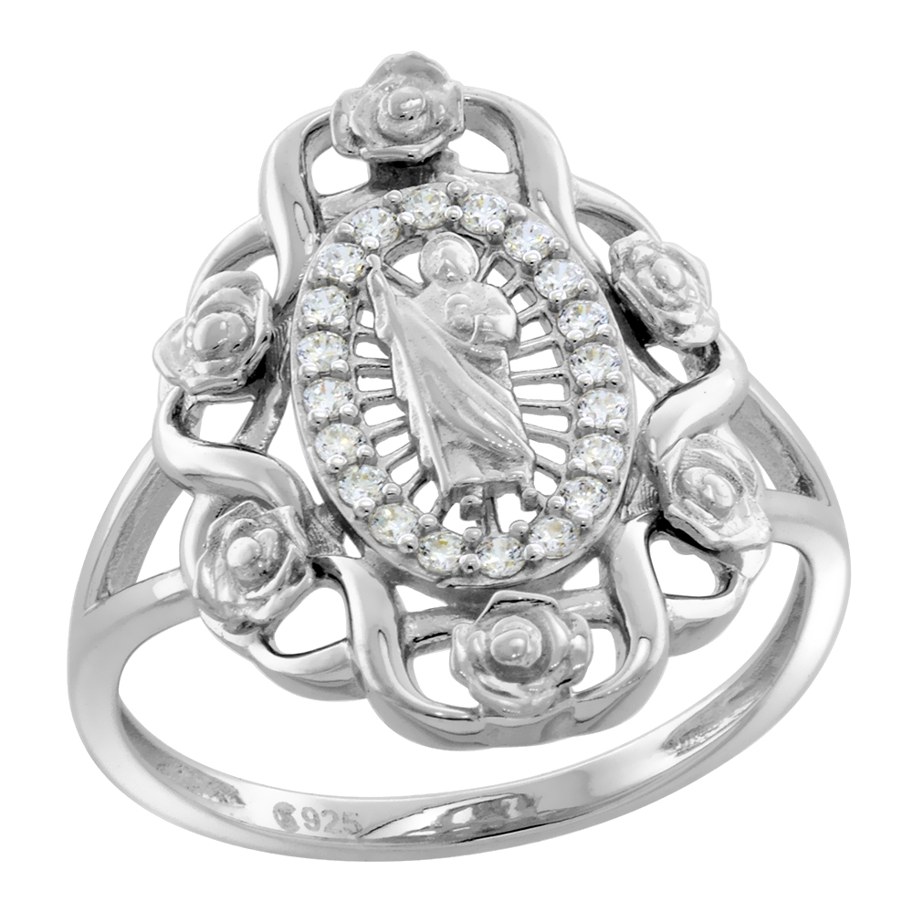 STERLING SILVER CZ HALO ROSES BEZEL ST JUDE THADDEUS RING FOR WOMEN SPLIT SHANK RHODIUM FINISH 3/4 INCH WIDE SIZES 6 TO 9