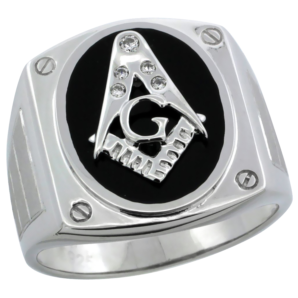 Mens Sterling Silver Black Onyx Masonic Ring CZ Stones & Screw Accents, 3/4 inch wide