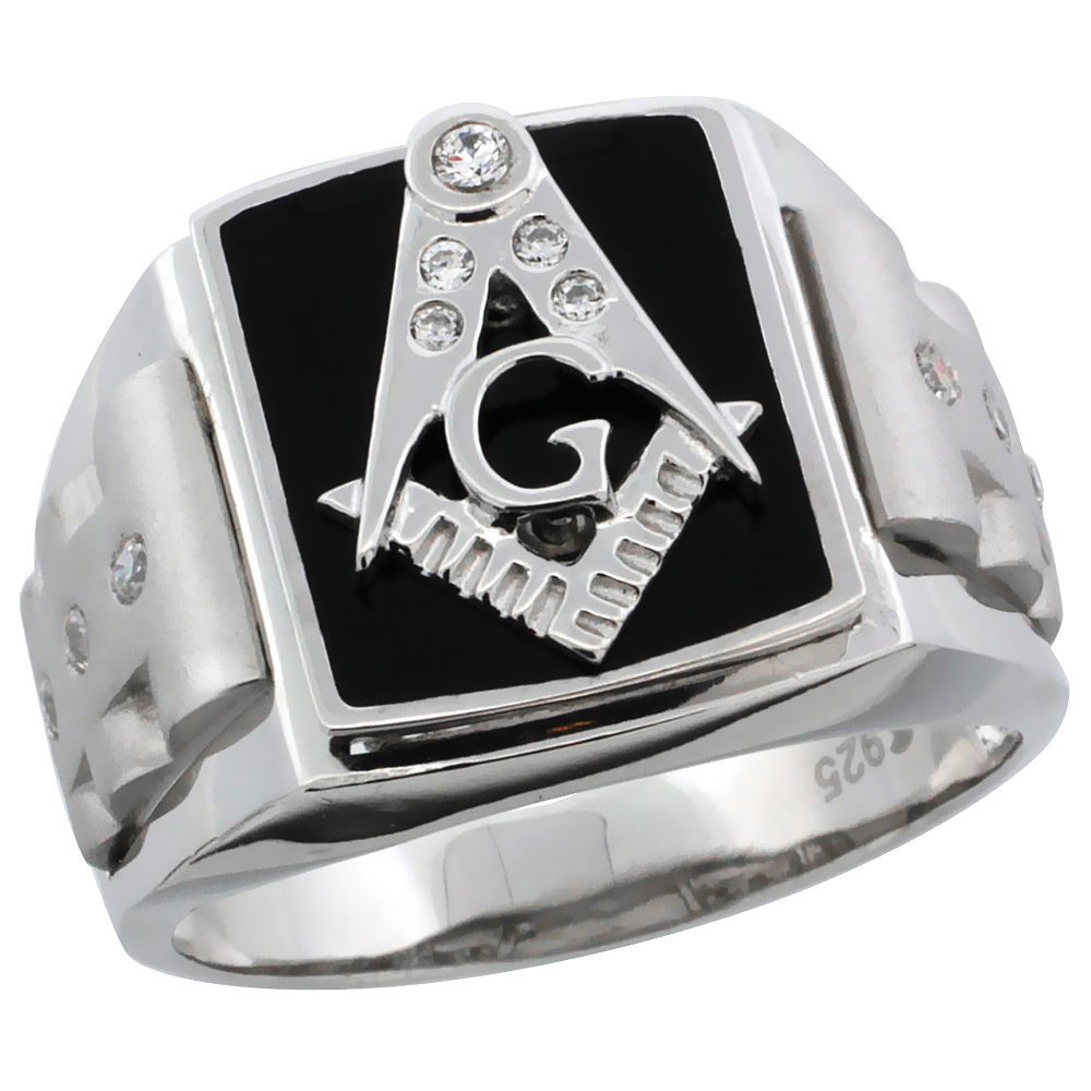 MENS STERLING SILVER BLACK ENAMEL MASONIC RING CZ STONES & FROSTED SIDES 5/8 INCH WIDE