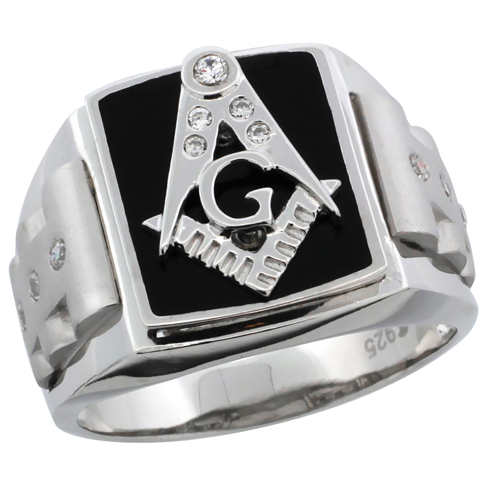Mens Sterling Silver Black Enamel Masonic Ring CZ Stones &amp; Frosted Sides, 5/8 inch wide